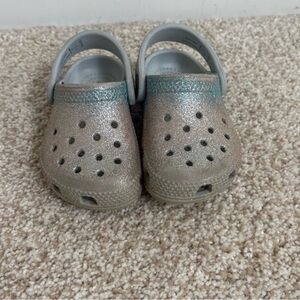 CROCS Kids Glitter Clogs - Silver with Teal Accent